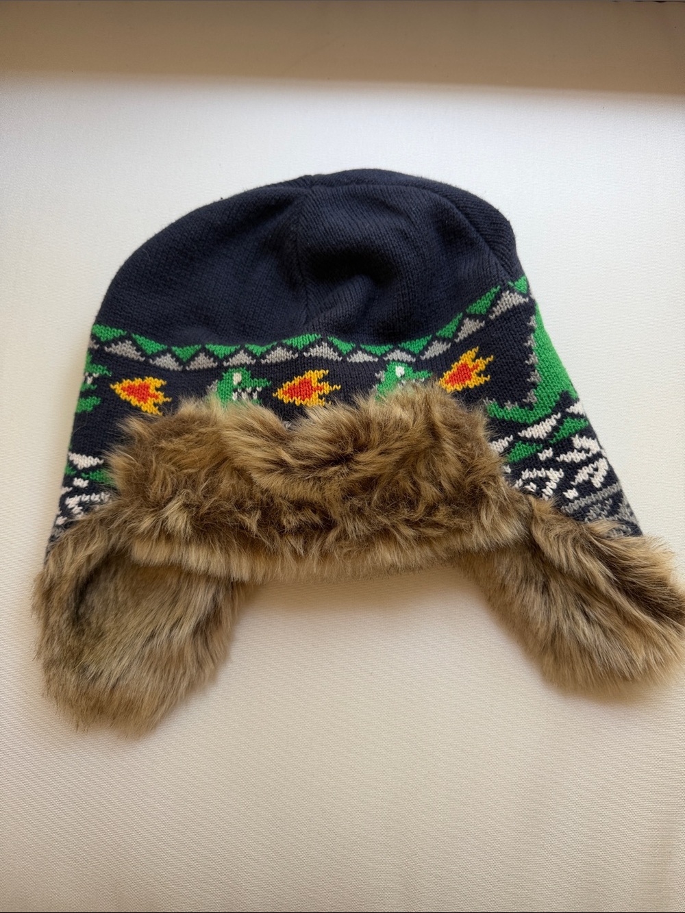 Hanna Andersson Navy Knit Trapper Hat with Dinosaurs Large